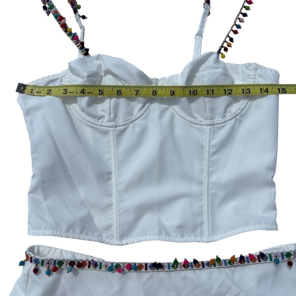 Shein Musera White Skirt & Corset Top Set Pom Pom Trim Size Small New - Picture 11 of 15
